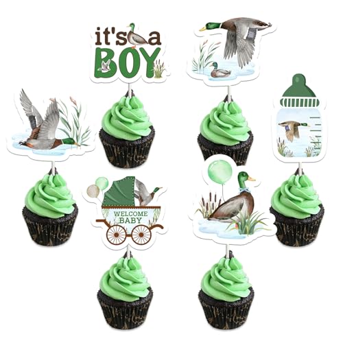 Fangleland 24pcs Mallard Duck Baby Dusche Cupcake Toppers Dekorationen für Jungen - Willkommen Baby Cupcake Picks Kuchen Dekor Zubehör grün von Fangleland