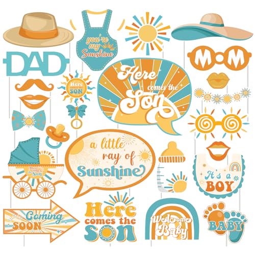 Fangleland 24pcs Sonne Thema Baby Dusche Photo Booth Requisiten für Junge, hier kommt der Sohn Boho Sonnenschein Orange und Blau Dekorationen Party Favors Zubehör von Fangleland