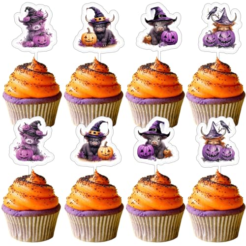 Fangleland 36 Halloween Hochland Kuh Cupcake Topper Dekorationen, lila Druck Vieh Kuchen Picks für Jungen Mädchen Geburtstag Baby Dusche Geschlecht Reveal Party Supplies von Fangleland