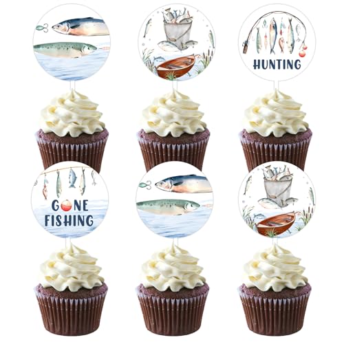 Fangleland 36 Stück Angel-Cupcake-Topper – Angeln Geburtstag Kuchen Dekorationen Jungen Jagd Angeln Geburtstag Kuchen Dekorationen Gone Fishing Thema Babyparty Geschlecht Enthüllung Party Supplies von Fangleland