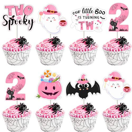 Fangleland 36 Stück Halloween 2. Geburtstag Cupcake Topper für Mädchen rosa und schwarz Geburtstag Dekor 2. Mädchen Geburtstagsparty liefert doppelseitigen Druck von Fangleland