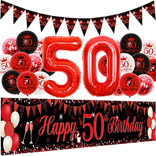 Fangleland 50 Geburtstag Dekorationen Rot und Schwarz für Männer Frauen, 50 Geburtstag Party Supplies mit Happy 50th Birthday Yard Banner 3 x 0,5 m Folienballons Dreieck Flagge für 50 Geburtstag Party von Fangleland