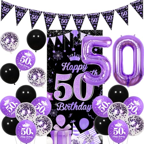 Fangleland 50 Geburtstag Dekorationen für Frauen, Lila und Schwarz Happy 50th Birthday Türbanner und Luftballons Wimpelkette Banner Nummer 50 Folienballons für Fifty Birthday Party Supplies von Fangleland