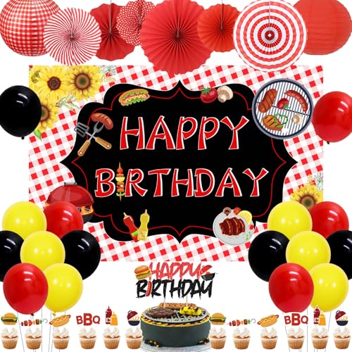 Fangleland BBQ Geburtstag Party Dekorationen, Happy Birthday Hintergrund Kuchen Topper BBQ Luftballons Cupcake Toppers Rot und Weiß Papierfächer Laternen für Barbecue Geburtstag Baby Shower Party von Fangleland