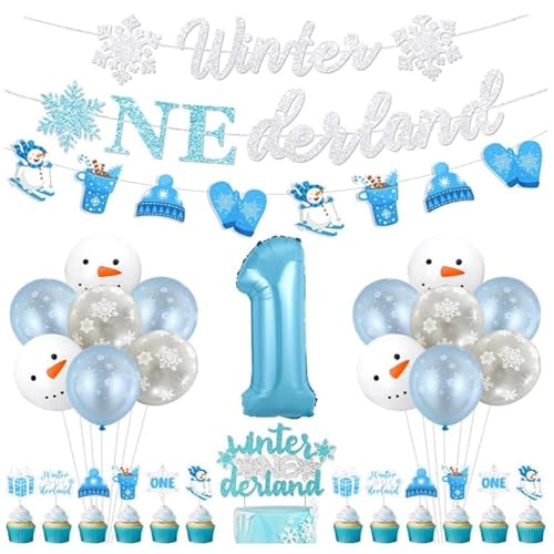 Fangleland Blau Winter 1. Geburtstag Dekorationen, Winter Onederland First Birthday Banner Kuchen Cupcake Topper, Schneemann Schneeflocke Nummer 1 Luftballons für Jungen One 1 Jahr Old Bday Party von Fangleland