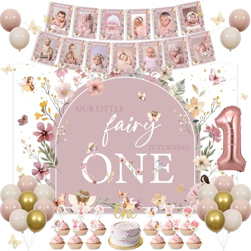 Fangleland Boho Fairy Themed 1st Birthday Decorations for Girls, Our Little Fairy is Turning One Flower Backdrop Photo Banner Cake Topper, Gold Butterfly Wall Stickers, First Bday Party Supplies von Fangleland