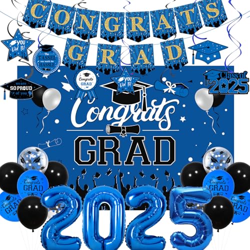 Fangleland Congrats Grade Graduation Party Dekorationen 2025 Blau und Schwarz mit Klasse von 2025 We Are So Proud Of You Hängende Wirbel, Luftballons, Banner und Hintergrund für Abschlussfeier von Fangleland