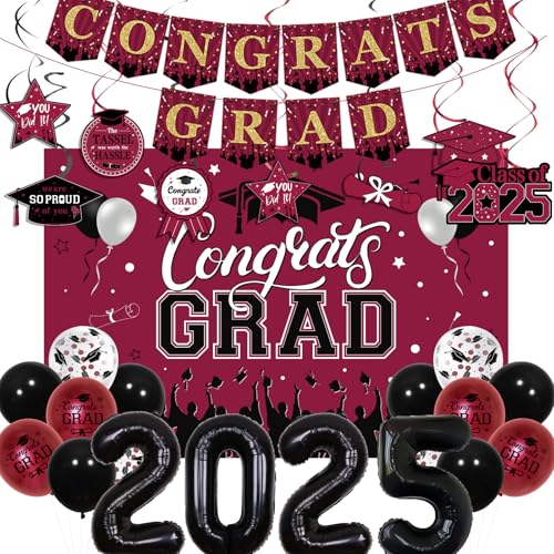 Fangleland Congrats Grade Graduation Party Dekorationen 2025 Crimson und Schwarz mit Klasse von 2025 We Are So Proud Of You Hängende Wirbel, Banner, Luftballons und Hintergrund für Abschlussfeier von Fangleland