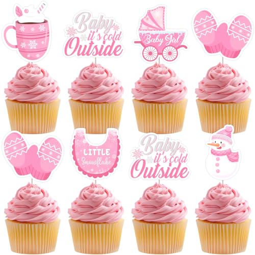 Fangleland Cupcake-Aufsätze für Babypartys, Motiv: Baby It's Cold Outside Little Snowflake Girls Baby Shower Cupcake Picks, Winter Snow Gender Reveal Party Decor Schneemann, 24 Stück von Fangleland