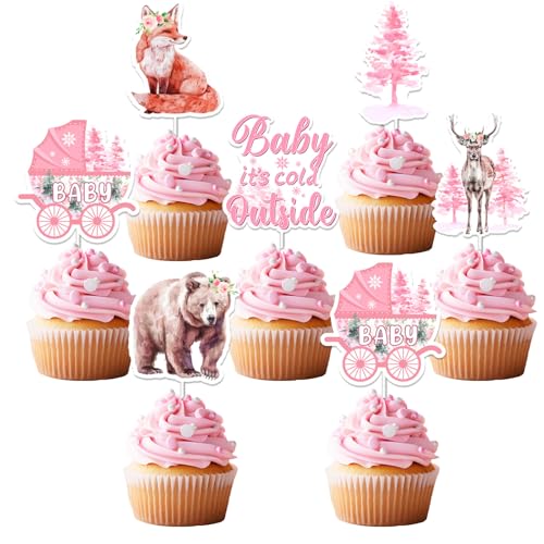 Fangleland Cupcake-Aufsätze mit Winterwald, rosa "It's Cold Outside", Cupcake-Picks für Babyparty, Schwangerschaftsankündigung, Waldtiere, Party-Dekorationen, Zubehör, 24 Stück von Fangleland