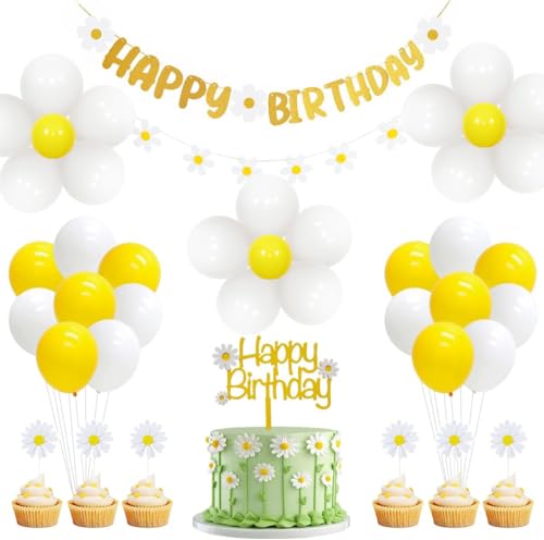 Fangleland Daisy Geburtstagsparty-Dekorationen für Mädchen, Happy Birthday Dekor mit Happy Birthday Banner Kuchen Topper Luftballons für Daisy Blume Boho Groovy Party Supplies von Fangleland