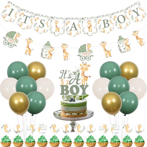 Fangleland Giraffe Babyparty-Dekorationen für Jungen, Salbeigrün It's a Boy, Banner und Kuchenaufsätze, Giraffe, Babyparty, Girlande, Luftballons für Waldtiere, Babyparty, Geschlechtsoffenbarung, von Fangleland