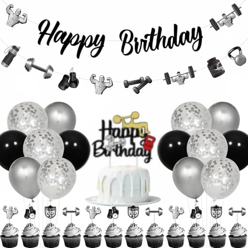 Fangleland Gym Geburtstag Party Dekorationen, Gewichtheben Geburtstag Dekorationen mit Happy Birthday Glitter Banner Ballons Fitness Thema Girlande Kuchen Topper für Fitness Geburtstag Dekor von Fangleland