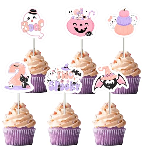 Fangleland Halloween 2. Geburtstag Dekorationen für Mädchen, zwei gruselige Cupcake Toppers, Halloween-Thema Geist Kürbisse Vorspeise Kuchen Picks Party-Dekor liefert Gefälligkeiten von Fangleland