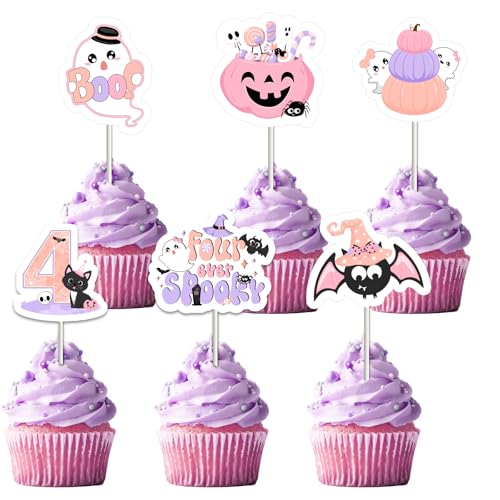 Fangleland Halloween 4. Geburtstag Dekorationen für Mädchen rosa lila, vier jemals gruselig Cupcake Toppers, Halloween-Thema Geist Kürbisse Vorspeise Kuchen Picks Party Dekoration liefert Vorteile von Fangleland