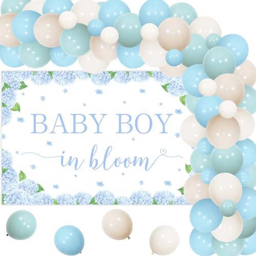 Fangleland Hortensie Thema Baby Dusche Ballon Bogen Kit, Hortensie Blumen Baby Junge in Blüte Hintergrund Blumen Geschlecht Enthüllen Dekor Blau, Frühling Hortensie Garten Baby Dusche Party Zubehör von Fangleland