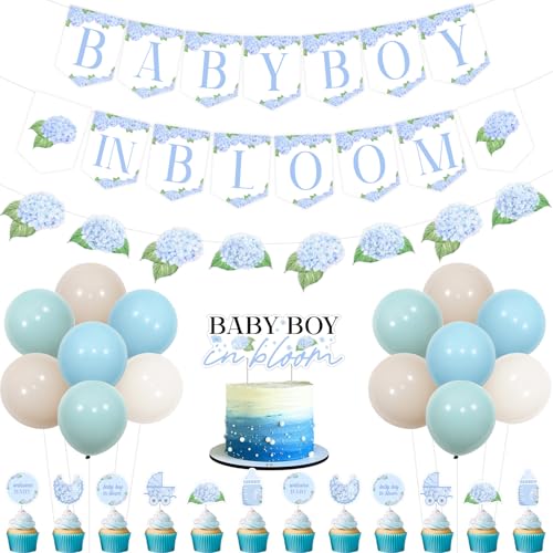 Fangleland Hortensien Babyparty-Dekorationen für Jungen, Baby Boy in Bloom, Banner, Girlande, Tortenaufsatz und Luftballons, Blumen-Thema, Schwangerschaftsankündigung, Partyzubehör von Fangleland