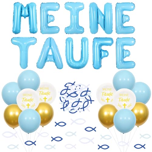 Fangleland Meine Taufe Deko Junge, Dekorationen für die Taufe Blau Meine Taufe Folien Ballon Banner Holz Fisch Streudeko Luftballons für Kommunion Taufe Party Dekoration von Fangleland