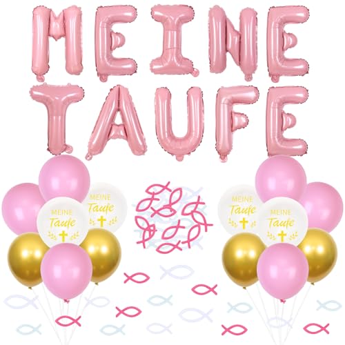 Fangleland Meine Taufe Deko Mädchen, Dekorationen für die Taufe Rosa Meine Taufe Folien Ballon Banner Holz Fisch Streudeko Luftballons für Kommunion Taufe Party Dekoration von Fangleland