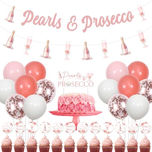 Fangleland Perlen und Prosecco Brautdusche Dekorationen, rosa Perlen & Prosecco Banner Kuchen Topper Champagner Girlande Brautdusche Luftballons für Junggesellinnenabschied Hochzeit Verlobung Party von Fangleland