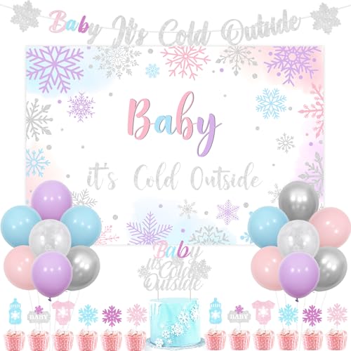 Fangleland Winter-Babyparty-Dekorationen, Baby It's Cold Outside Banner, Hintergrund, Kuchenaufsatz und Luftballons für Mädchen, Schneeflocke, Winterurlaub, Babyparty, Partyzubehör von Fangleland