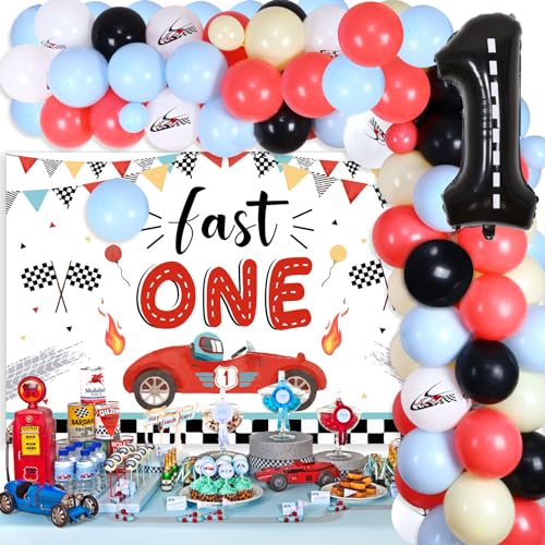 Fast One Geburtstagsparty-Dekorationen, Vintage Race Car Ballon Girlande Kit & Pastellblau Gelb Fast One Hintergrund mit karierter Flagge – Zahl 1 Radballons für Jungen 1. Geburtstag Zubehör von Fangleland