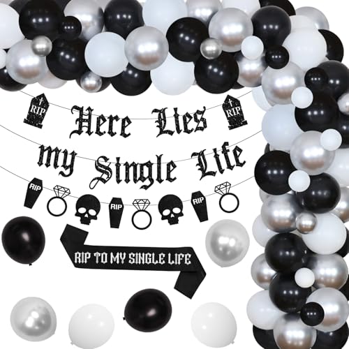 Gothic Bachelorette Party Dekorationen, Hier liegt mein Single Leben Rip zu meinem Single Leben Halloween Braut Dusche Verlobung Hochzeit Dekor Schwarz Silber Ballons Girlande Bogen Kit Schärpe Banner von Fangleland