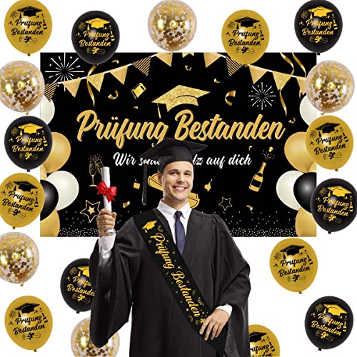 Fangleland Prüfung Bestanden Deko Abschlussfeier Party Dekoration Prüfung Bestanden Ballon Banner Schärpe Konfetti Luftballon für Abi Deko 2024 Graduation Deko Schwarz Abschluss Deko Set von Fangleland