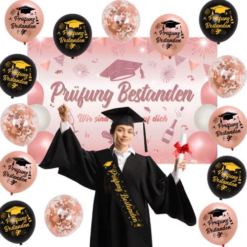 Fangleland Prüfung Bestanden Deko Abschlussfeier Party Dekoration Prüfung Bestanden Rose Gold Ballon Banner Schärpe Konfetti Luftballon für Abi Deko 2024 Graduation Deko Abschluss Deko Set von Fangleland