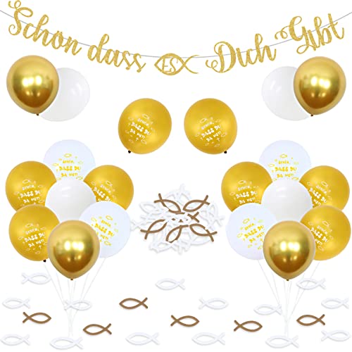 Taufe Deko Gold Weiß, Kommunion Deko Set für Junge Mädchen, Schön Dass Es Dich Gibt Banner Luftballon Kommunion Taufe Tischdeko, Fisch aus Holz zur Taufe von Fangleland