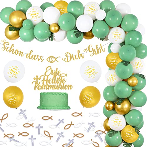 Taufe Deko Grün Gold Weiß, Kommunion Deko Set für Junge Mädchen, Schön Dass Es Dich Gibt Banner Luftballon Girlande Kreuz Kommunion Taufe Tischdeko, Fisch aus Holz, Tortenaufsatz zur Taufe von Fangleland