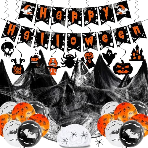 Fangoo 46pcs Halloween Party Dekoration Kit , Gruselige Halloween Dekorationen Glückliche Halloween Banner Schwarz Gruselig Tuch Hängende Wirbel Spinnennetz mit Plastikspinnen Halloween Ballons von Fangoo