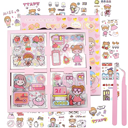 FansTing 100 Blätter Kawaii Scrapbook Sticker Set Wasserdichte Süße Cartoon Mädchen Aufkleber Sticker Mädchen Pet Scrapbook Stickers mit Pinzette für DIY Scrapbook Notizbuch Fotoalbum Notizblöcken von FansTing