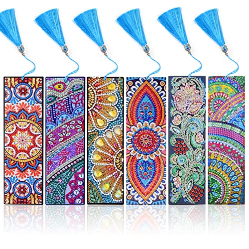 Fanshiontide 6 Stück Diamant Malerei Lesezeichen, 5D DIY Mandala Diamond Painting Lesezeichen, Stickerei Malerei nach Zahlen Kit für Student Graduierung Geburtstag Geschenk und Seite Markierung von Fanshiontide