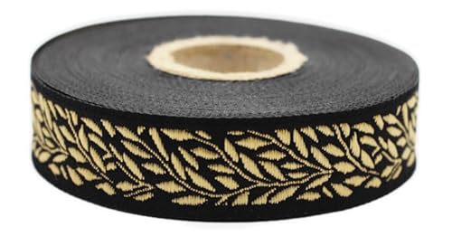 10 Meter 20 mm Schwarz und Gold Jacquard-Band gewebt mit Blattmotiv Rollen Borte bestickt Handwerk Kleidung Kurzwaren Hobby Kreativ Dekoration Mittelalter 20270-V10 von Fantastic Kurdele