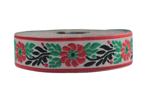 10 Meter Spule rot weiß Blumenband (25 mm) Floral Jacquard Trim gewebtes Band DIY Nähzubehör OZV03 von Fantastic Kurdele