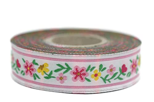 10 Meter Web Borte Webband Jacquardborte Trachtenborte Stickerei Rosa-Weißes Blumen 22mm von Fantastic Kurdele