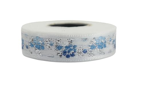 10 Meter Web Borte Webband Jacquardborte Trachtenborte Stickerei Weißes Vorderseite Blau-Silber Blumen Floral 18mm von Fantastic Kurdele