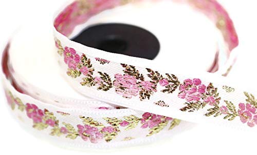 10 Meter Web Borte Webband Jacquardborte Trachtenborte Stickerei Weißes Vorderseite Rosa-Golden Blumen Motiv 16mm von Fantastic Kurdele