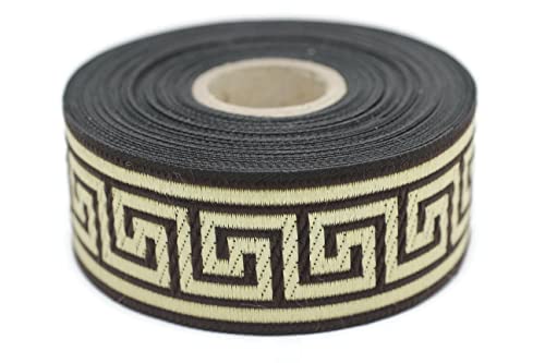 35062 Band mit griechischem Schlüssel-Jacquard-Bordüre, besticktes Band, gewebte Bordüre, Vintage-Bordüre, 3,5 cm breit, Braun und Gold, 9,1 m von Fantastic Kurdele