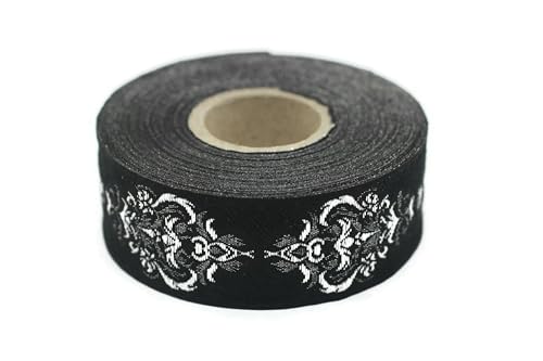 25918-V1 Barock-Jacquard-Band, mittelalterlicher Rand, gewebt, Retro-Stoff, Heimdekoration, Kostümdesign, 10 m Spule, 2,5 cm breit, Schwarz und Silber 25918-V1 Barock-Jacquard-Band, mittelalterlicher Rand, gewebt, Retro-Stoff, Heimdekoration, Kostümdesign, 10 m Spule, 2,5 cm breit, Schwarz und Silber von Fantastic Kurdele