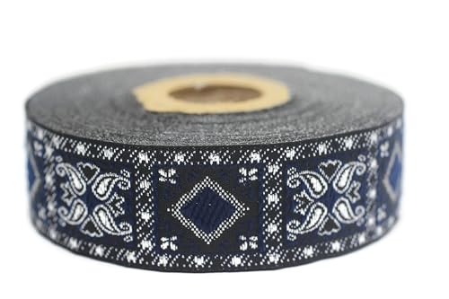 Jacquard-Band, gewebt, dunkelblau und silberfarben, geometrisches Metallic, 10 m x 25 mm – Rolle, besticktes Band, für Nähen, Dekoration 25587-V4 Jacquard-Band, gewebt, dunkelblau und silberfarben, geometrisches Metallic, 10 m x 25 mm – Rolle, besticktes Band, für Nähen, Dekoration 25587-V4 von Fantastic Kurdele