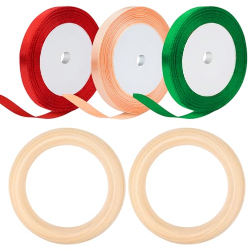 2 Ringe, 10 cm, Holz, Ringe aus Holz, Band-Set, Blumenstrauß, Hochzeit, Bandspiele, Hochzeit, Ringe aus Rohholz, langlebig, Geschenk, Hochzeit, Dekoration, 3 Satinbänder (1 cm × 22 m) (B) von Fantasyon