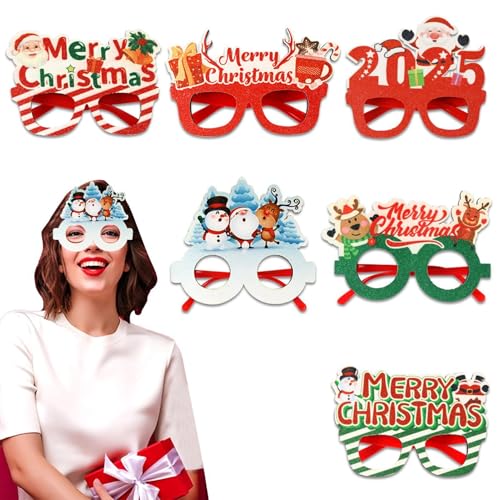 Fanysdsi Weihnachtsbrille Glitzer, Weihnachtsbrillengestell,Partybrille 2025 Brillengestell Brillen | 6X Weihnachtsmann-Schneemann-Elch-Neujahrsbrille, Kostümbrille, Weihnachtsbrille, von Fanysdsi