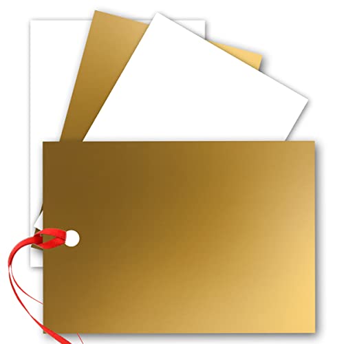 100x Einzelkarten Din A7 10,5x7,3 cm 240 g/m² Gold Metallic mit Loch und rotem Band - Flaschenanhänger blanko Mini-Karten ideal zum Selbstgestalten für Geschenkanhänger & als Anhängeetikett von FarbenFroh by GUSTAV NEUSER