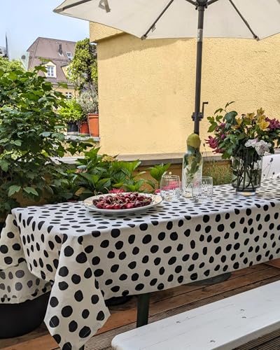 Farnberg Premium Tischdecke für Biertisch Normal (50 x 220 cm) aus beschichteter Baumwolle - abwaschbar schmutzabweisend abwischbar wasserabweisend Outdoor - 90 x 260 cm, Dots Schwarz von Farnberg