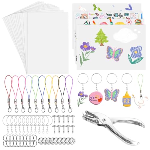 Farnirvana 251 Stück Schrumpffolien Set, Schrumpffolie zum Basteln mit 20 Blank Schrumpffolie Set, Schlüsselanhänger, Locher,Brosche,Perlenkette und Ohrhaken Shrink für DIY-Basteleien von Farnirvana