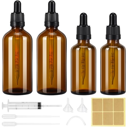 Farnirvana 4 Stück Pipettenflasche, 50ml 100ml Apothekerflasche Braunglasflasche mit Pipette Tropfflasche und Etikett, Glasflaschen für Ätherische Öle Parfümöle Aromatherapie von Farnirvana