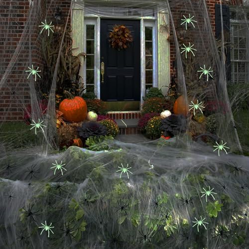 Halloween Deko Spinnennetz, 300g Dehnbare Halloween Spinnennetz Deko mit 50 Horror Schwarz Spinnen 1200m²Indoor Groß Spiderweb gruselig Decoration für Innen, Außen,Spukhaus,Halloween Party Dekoration von Farnirvana