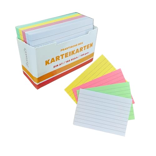 Karteikarten A7 liniert in praktischer box (7,4 cm x 5,2 cm), 180 Stück bunte Lernkarten, Farbig sortiert, als Moderationskarten, Vokabeln, Büro und Schule von Fasonak